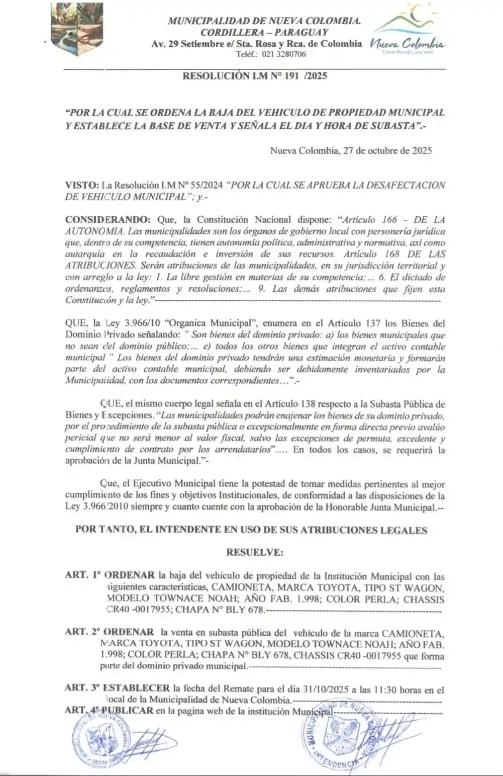 Baja y Subasta Pública de Vehículo Municipal